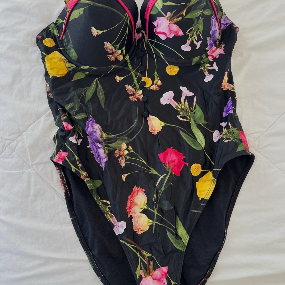 Ted Baker London Black and Yellow One Piece Swimsuit Floral Elegance - NWOT